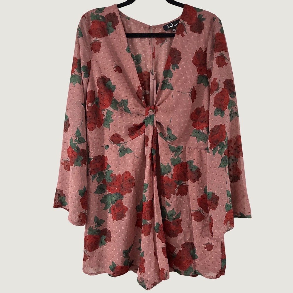 Lulus Rose Floral Romantic Swiss Dot Long Sleeve Romper Pink Red XL